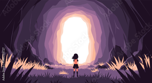 Pixel Art Cave Entrance With A Solitary Figure Gazing Towards The Bright Light Ahead