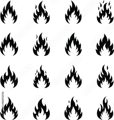 Dynamic Fire Flames Icons Set: Red and Orange Hot Blaze Elements for Energy, Heat, and Danger Concepts.