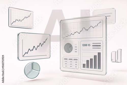 Grafici trasparenti di analisi predittiva e dashboard futuristici galleggiano su sfondo bianco con scritta AI gigante watermark visibile attraverso le superfici