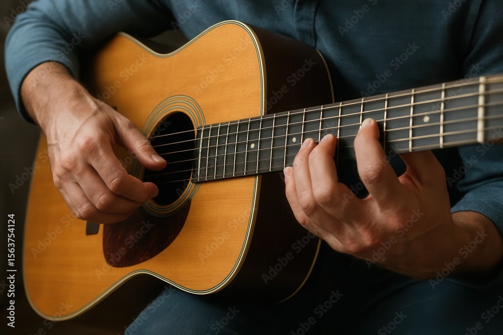 Obraz premium A man playing an acoustic guitar with his hands on the strings