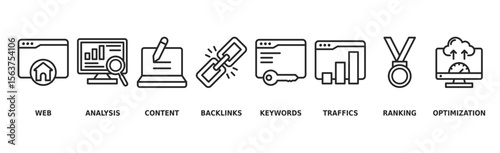 SEO banner web icon vector illustration concept for search engine optimization with icon of website, analysis, content, backlinks, keywords, traffic, ranking, and optimization