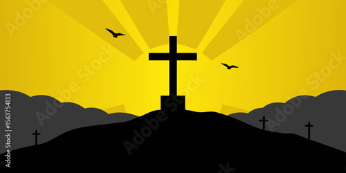 Poignant Silhouette of the Crucifixion on a Rugged Hillside Landscape