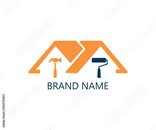 Vector house renovation logo with orange rooftop and home repair tools