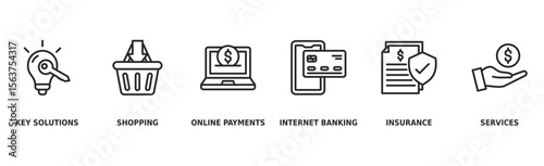 Financial service banner web icon vector illustration concept with icon of key solutions, shopping, online payments, internet banking, insurance and services