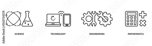 STEM banner web icon vector illustration concept for science, technology, engineering, mathematics education with icon of flask, microscope, artificial intelligence, processor, machine, and calculator