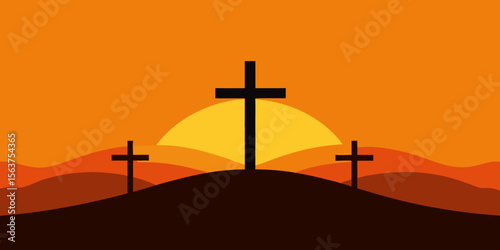 A Solemn Silhouette of the Crucifixion with Two Smaller Crosses on the Side
