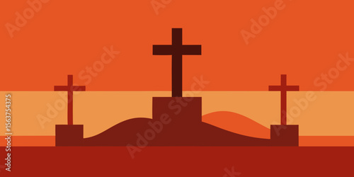 An Abstract Illustration of the Crucifixion Site with Three Crosses and Light