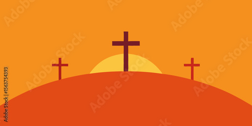 A Tranquil and Meaningful Scene with Three Crosses and Rays of a Setting Sun