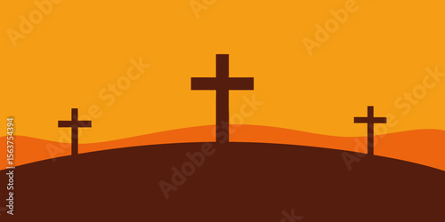 A Clean Vector Art Image of Three Crosses on a Gentle Hill with Soft Clouds