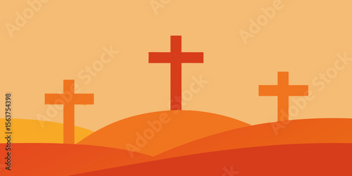 A Spiritual Landscape Featuring the Iconic Three Crosses and a Distant City