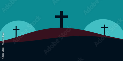 A Peaceful and Meaningful Scene with Three Crosses on a Hill Bathed in Light