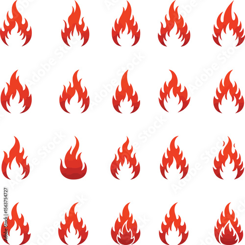 Dynamic Fire Flames Icons Set: Red and Orange Hot Blaze Elements for Energy, Heat, and Danger Concepts.