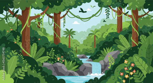 Vibrant Lush Tropical Rainforest Ecosystem With Cascading Waterfalls And Diverse Flora And Fauna