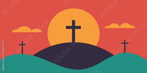 A Symbolic Landscape in a Modern Illustration Style with a Cross on a Mountain