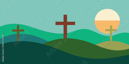 A Serene yet Powerful Illustration Focusing on the Three Crosses at a Lakeside