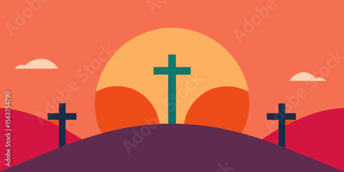 A Colorful Flat Design Illustration of the Three Crosses on a Sunny Green Hill