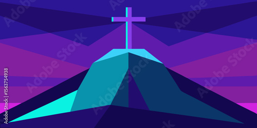 An Artistic Rendering of a Spiritual Landscape Featuring a Cross and a Rainbow