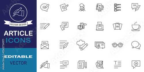 Article icon set. Included icons as relative article writing, internet content editing, author, blog, storytelling, article and more outline symbol. Vector illustration.