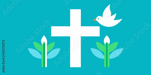 A Spiritual Artwork Depicting a Cross with White Lilies Growing at the Bottom