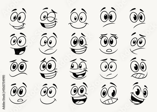 Cartoon retro faces. Vintage emotional face with mascot characters funny faces , eyes and mouths elements
