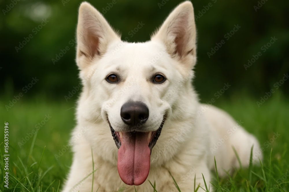 A white dog laying in the grass with its tongue out A white dog laying in the grass with its tongue out