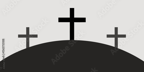 A Clean and Minimalist Vector Art Image of Three Crosses on a Simple Line Hill