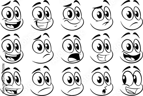Cartoon retro faces. Vintage emotional face with mascot characters funny faces , eyes and mouths elements