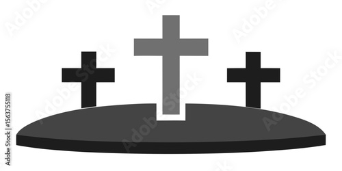 A Flat Design Icon or Logo of Three Crosses on a Rounded Hill Shape for a Church