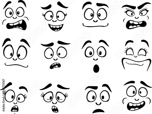 Cartoon retro faces. Vintage emotional face with mascot characters funny faces , eyes and mouths elements