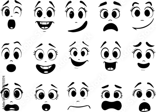 Cartoon retro faces. Vintage emotional face with mascot characters funny faces , eyes and mouths elements