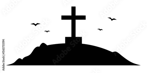 A Flat Design Icon of a Solitary Cross on a Rugged and Barren Hill Landscape