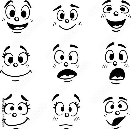 Cartoon retro faces. Vintage emotional face with mascot characters funny faces , eyes and mouths elements