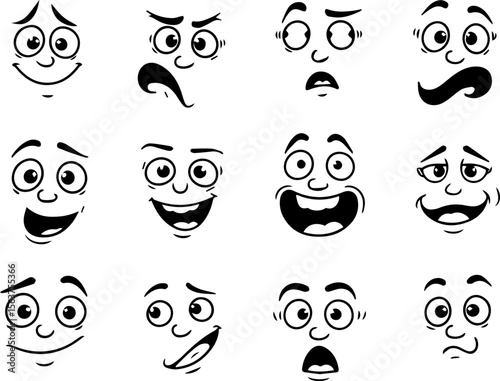 Cartoon retro faces. Vintage emotional face with mascot characters funny faces , eyes and mouths elements