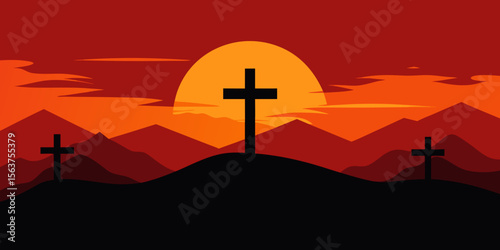 A Powerful and Evocative Scene of Golgotha with Three Crosses in the Mist