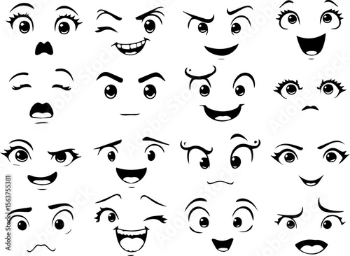 Cartoon retro faces. Vintage emotional face with mascot characters funny faces , eyes and mouths elements