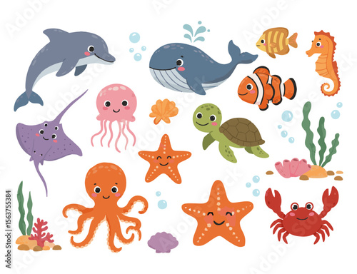 A vibrant vector collection of cartoon sea animals in an underwater pattern features fish, octopus, crab, turtle, starfish, dolphin, jellyfish, and shark illustrations