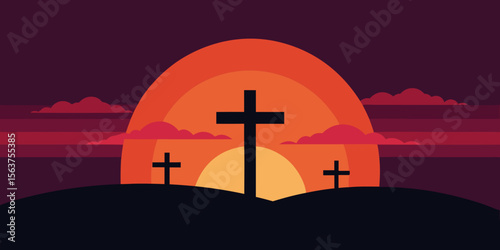 A Vivid Illustration of a Spiritual Moment Where Three Crosses Touch the Sky