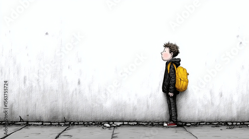 Cartoon School Boy with Yellow Backpack Standing Alone Against Wall 