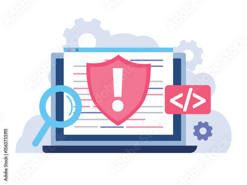 Bug Testing Concept. Software quality assurance with coding issues Debugging with AI. Code review automation testing. Software development, debugging and control.