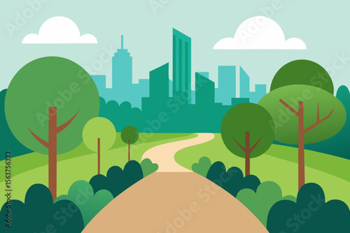 A Flat Illustration of a Tranquil Urban Oasis Showing Green Trees and a Path