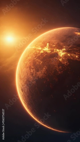 Dramatic illuminated planet earth view with bright sun rising over dark space background  representing global concept.