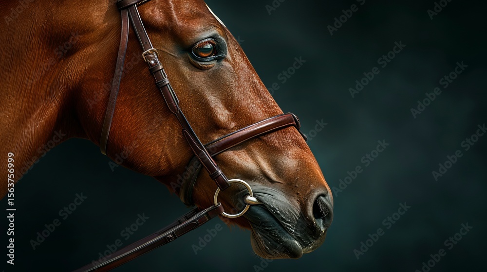 Fototapeta premium Close-up of a majestic brown horse's head, highlighting its expressive eye and detailed bridle against a dark, moody background.