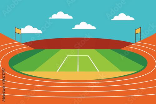 An Empty Sports Arena with a Terracotta Colored Track Ready for Competition