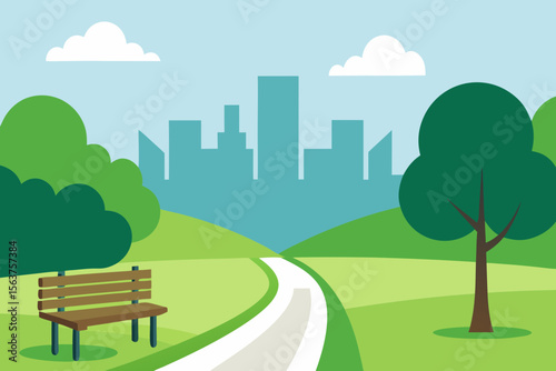 A Charming Illustration of a Winding Park Path with a Single Solitary Bench