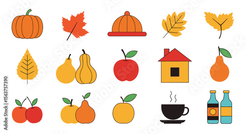 Vector Set of Autumn Harvest Symbols and Seasonal Elements for Thanksgiving and Fall Celebrations