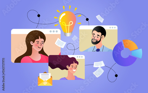 A team leader seamlessly connects her remote team, data, and creative ideas in this vector illustration visualizing the power of a modern digital workflow and project management.