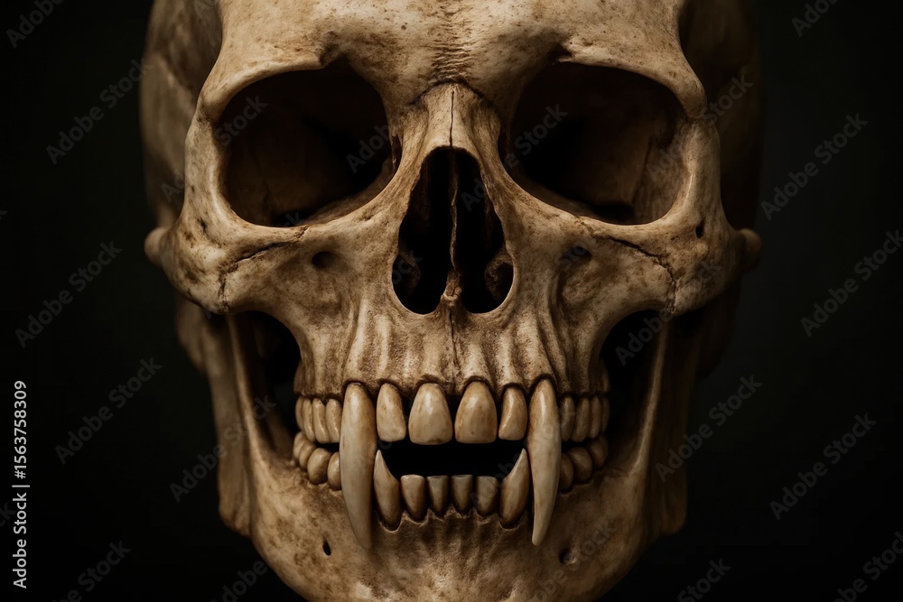Obraz premium A close up of a human skull with fangs and teeth