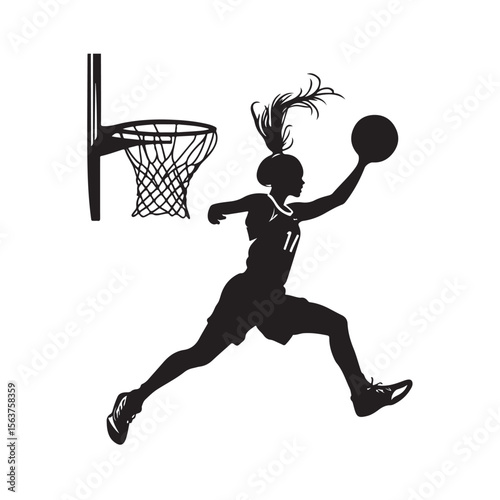 Female Basketball Player silhouette, Female Basketball Player Jumping and Slamming Ball, vector silhouette of a female basketball player slam dunk, 