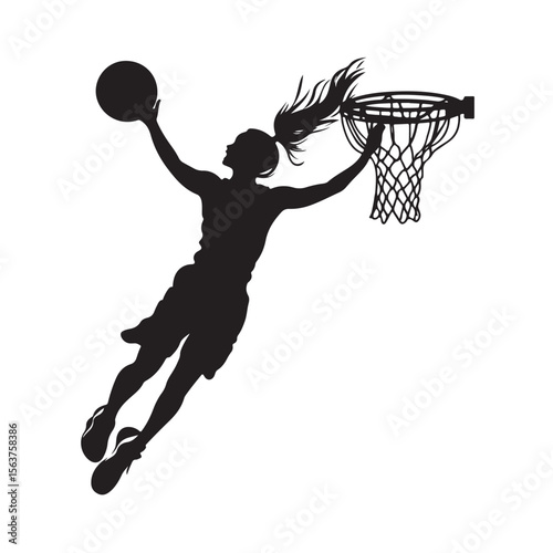 Female Basketball Player silhouette, Female Basketball Player Jumping and Slamming Ball, vector silhouette of a female basketball player slam dunk, 