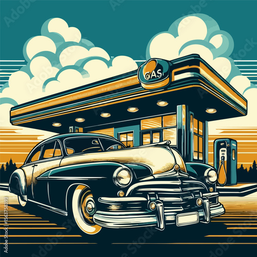 Car gas station in retro style. Classic car with gas station. EPS 10 version.